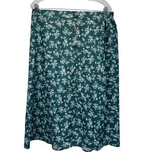 SHEIN Women’s 1X Green Floral Button Front Midi Skirt Boho Cottagecore